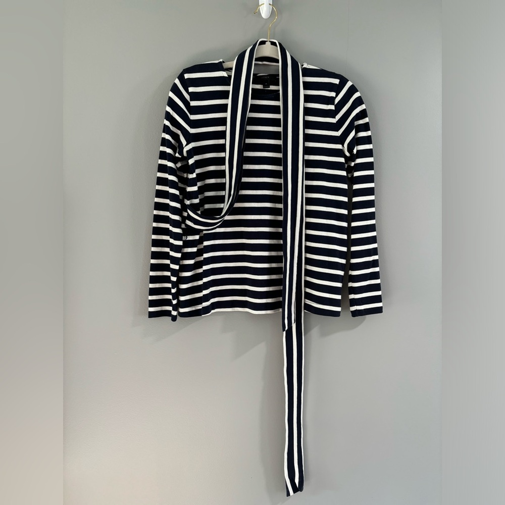 J. CREW CROSSBACK BELTED STRIPED COTTON KNIT TOP NAVY IVORY‎ SIZE XS
